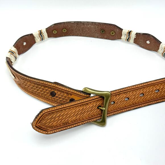 Nocona Western Concho Belt 30 Brown Leather Tooled Basketweave Rawhide Brass - Picture 7 of 12